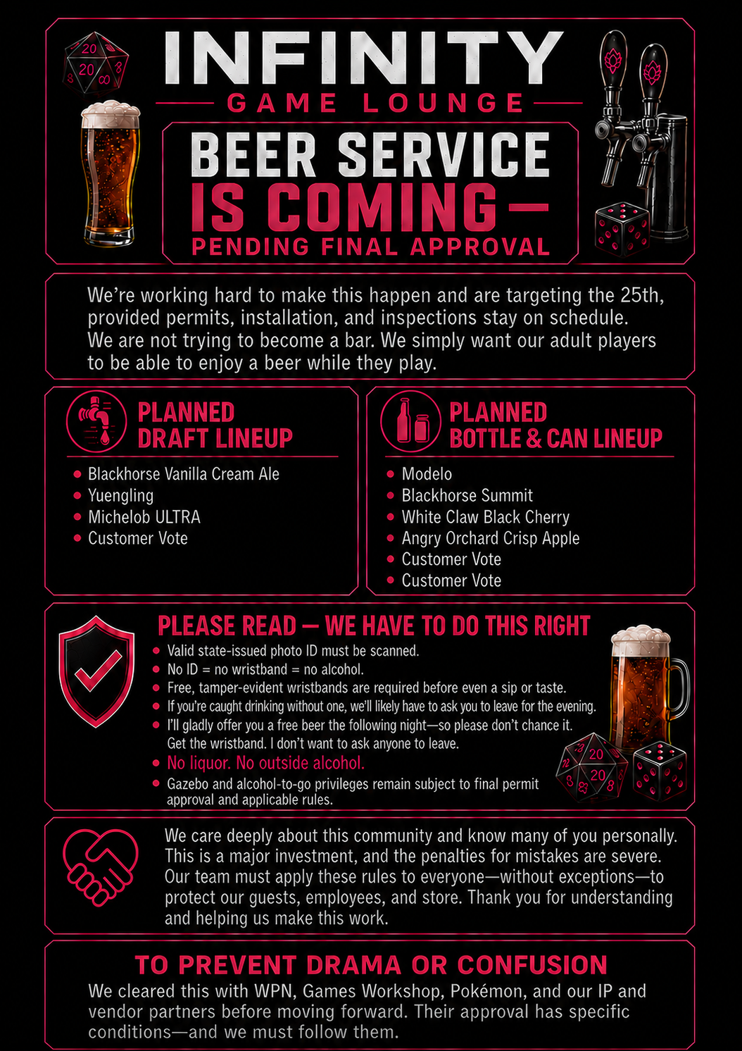 Infinity Game Lounge flyer: Beer service is coming, pending final approval, with planned draft and bottle/can lineups and ID and wristband rules